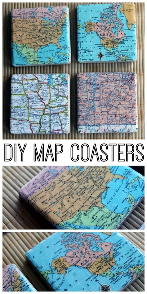 DIY map coasters - make your own coasters for a great gift idea! Choose any maps that you want! Diy Map, Coasters Diy, Map Coasters, Map Crafts, Country Chic Cottage, Tile Crafts, Diy Coasters, Cadeau Diy, Mod Podge