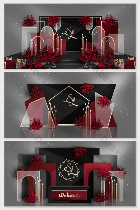 red black gold modern fashion wedding effect map Red Gold Wedding, Wedding Stage Backdrop, Wedding Background Decoration, Black Gold Wedding, Wedding Stage Design, Gold Wedding Theme, Wedding Backdrop Design, Wedding Backdrop Decorations, Wedding Decor Style