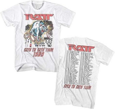 Our vintage Ratt concert t-shirt is from the band's 1989 City to City Tour. Performed to promote their album Reach for the Sky, this tour wasn't successful as the musical landscape was changing from that of glam metal to a rawer sound. Made from 100% white cotton with washed out graphics for a vintage look, this men's unisex tee shows an image of a rat on top of a mixing board, on the front, while the back lists the tour dates and cities. #ratt #stephenpearcy #bandtees #rockerrags Rock Concert, Vintage Rock, Rock T Shirts, Concert Tees, Concert Tshirts, Tour Dates, Band Shirts, White Tshirt, White T