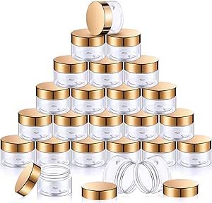 SATINIOR 24 Pieces Empty Clear Plastic Jars with Lids Round Storage Containers Wide-Mouth for Beauty Product Cosmetic Cream Lotion Liquid Butter Craft and Food (Gold Lid,1 oz) Chapstick Diy, Liquid Butter, Make Your Own Deodorant, Plastic Jars With Lids, Deodorant Containers, Plastic Containers With Lids, Crayon Lipstick, Jars With Lids, Lip Balm Tubes