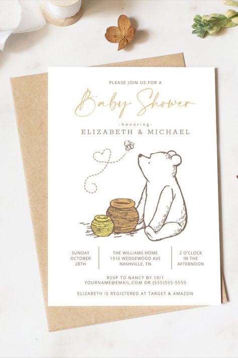 Classic Winnie the Pooh Baby Shower Invitation Invite all your family and friends to your Baby Shower with these classic Winnie the Pooh Baby Shower invitations. Personalize by adding all your shower details! #babyshower #babyshowersgifts #babyshowercards #babyshowerparty #newborn #disney #winniethepooh Winnie The Pooh Baby Shower, Classic Winnie The Pooh, Pooh Baby, Twins Baby Shower, Baby Shower Cards, Disney Winnie The Pooh, Shower Design, Baby Shower Invitation, Baby Shower Parties