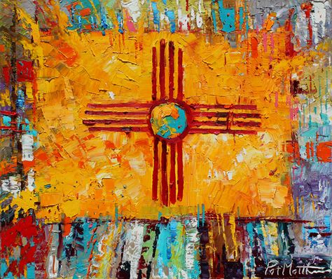 ZIA painting by painter Patrick Matthews in Santa Fe. The zia is the symbol on the state flag for New Mexico. Zia Symbol, New Mexico Art, New Mexico Flag, New Mexico Style, Mexico Flag, Santa Fe Style, New Mexico Usa, Land Of Enchantment, Albuquerque New Mexico