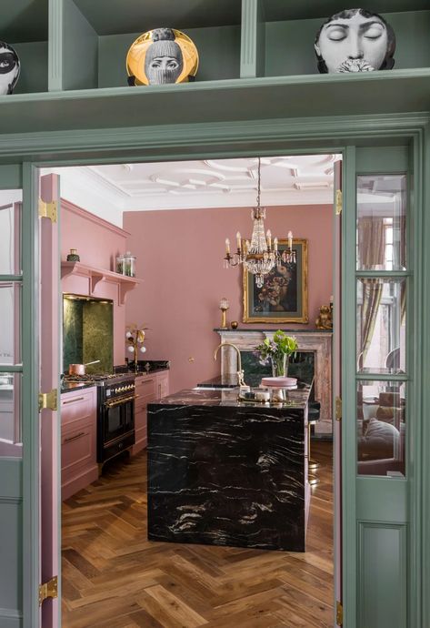 Bespoke pink and green kitchen entertains in this Victorian home in Motherwell | Homes & Interiors Scotland Pink And Green Kitchen, Caravan Kitchen, Magical Kitchen, Dreamy Kitchens, Parisian Life, Home Owner, Social Space, Victorian Home, Pink Kitchen