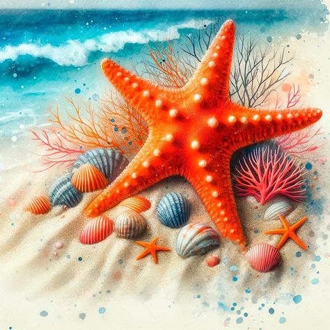 Premium Photo | A drawing of a starfish and seashells on a beach Star Fish Drawings, Star Fish Painting, Ruins Tattoo, Seashells Drawing, Starfish Pictures, Starfish Drawing, Seashell Drawing, Sea Nails, Fish Drawings