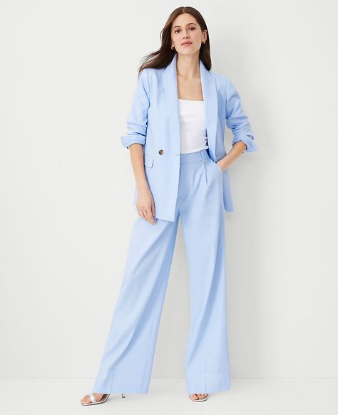 The High Rise Pleated Wide Leg Pant in Linen Twill Light Blue Trousers Outfit, Blue Trousers Outfit, Women Wedding Suit, Linen Suits Women, Baby Blue Pants, Wide Leg Suit Pants, Summer Suit Women, Pencil Pant, Light Blue Pants