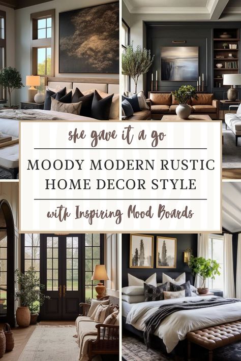 Moody Modern Rustic Home: Inspiring Mood Boards | She Gave It A Go Moody Neutral Home, Neutral Home Mood Board, Modern Rustic Mood Board, Moody Neutral Living Room, Mountain Modern Living Room, Modern Cabin Living Room, Modern Rustic Home Decor, Modern Cabin Interior, Moody Interior Design