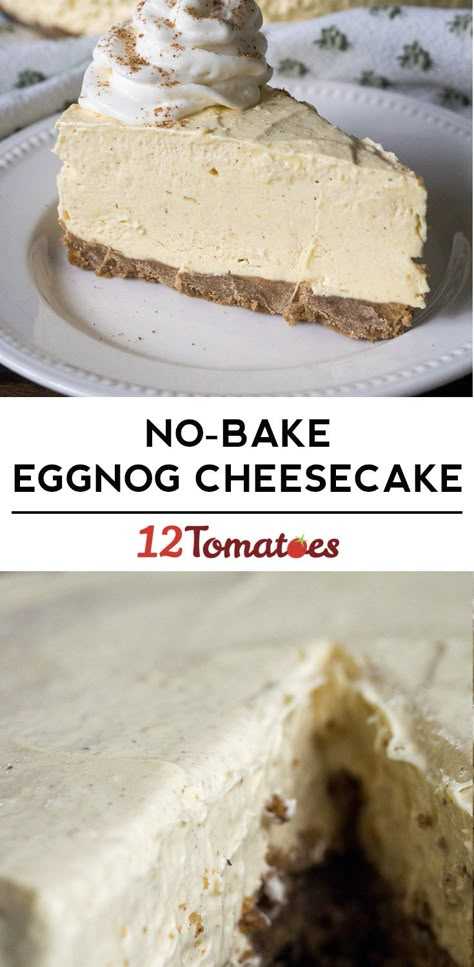 No-Bake Eggnog Cheesecake No Bake Egg Nog Cheesecake, Eggnog Pie Recipe No Bake, No Bake Eggnog Cheesecake, Eggnog Cheesecake Recipe, Eggnog Cheesecake, Salty Cake, Savoury Cake, Holiday Desserts, Decadent Desserts