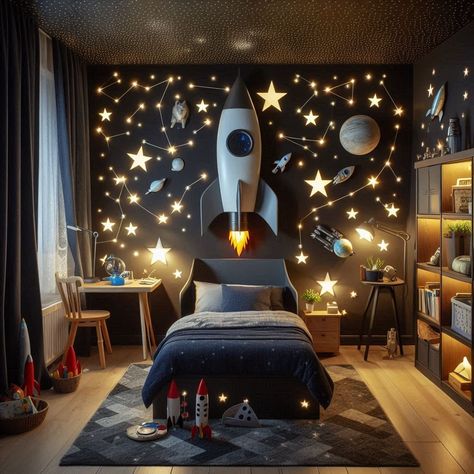 Boys Room Ideas Space Inspired Bedroom, Boys Space Room Ideas, Boys Bedroom Space Theme, Toddler Room Ideas Boy, Bedroom Ideas Kids Boys, Sensory Bedroom For Boys, Cool Boys Room Ideas, Kids Room Space Theme, 8 Year Boy Room Ideas