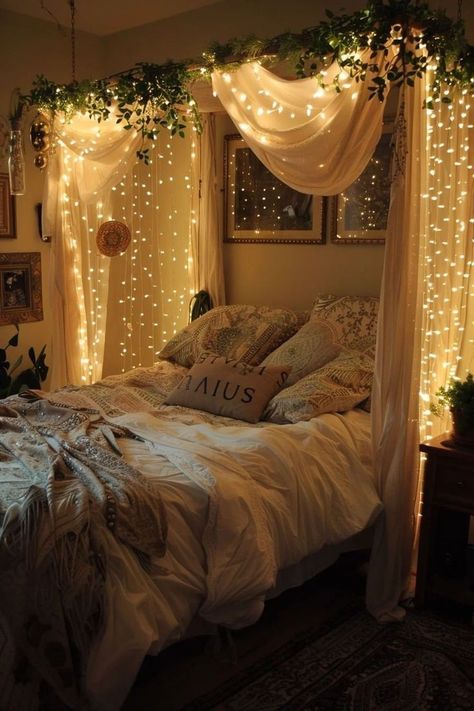 Canopy Bed Ideas Lights, Silky Bedding, Cozy Bedroom Design, Fairy Room, Silk Drapes, Dream Bedroom Inspiration, Girly Apartments, Cozy Places, Romantic Bedroom Decor