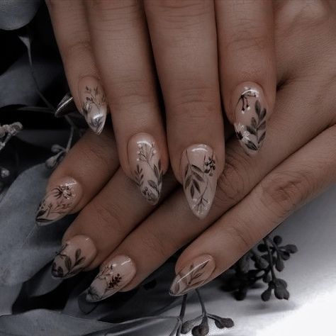 Book Themed Acrylic Nails, Dark Feminine Acrylic Nails, Dark Forest Nails, Beltane Nails, Nature Inspired Nail Art, Hozier Inspired Nails, Dark Cottagecore Nails, Fairy Theme Nails, Enchanted Garden Nails