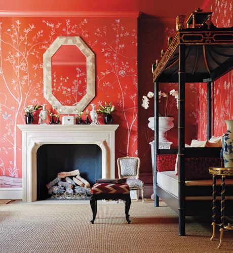 Michelle Nussbaumer, Neoclassical Furniture, Red Chinoiserie, Colored Ceiling, Chinoiserie Wallpaper, Brown Walls, White Ceiling, Red Walls, Painted Ceiling