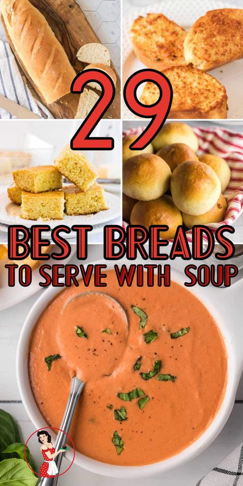 Looking for the best breads to go with your cozy soup dinner? Here are 29 great ideas! From cornbread to biscuits, these recipes are easy to make. Think of the delicious smell of freshly baked bread filling your kitchen, perfect for chilly days and comforting soups and stews. Bread For Soup Recipe, Good Bread For Soup, Best Bread To Go With Soup, Best Soup Bread, Breads For Soup, Best Bread With Soup, What To Do With Brioche Bread, Homemade Bread To Go With Soup, Breads To Go With Soup