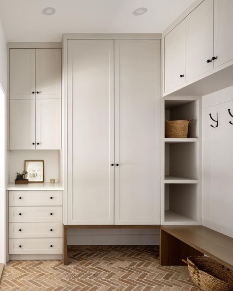 Mudroom Studio Mcgee, Mud Room Shoes Storage Ideas, Mudroom Cabinets With Doors, Entryway Cupboard, Tying Shoelaces, Built In Lockers, House Pantry, Mudroom Closet, Mudroom Cabinets