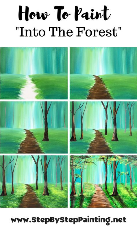 Simple Art Acrylic, Easy Forrest Drawing, Acrylic Paint Beginner Ideas, Simple Woods Painting, Canvas Painting Trees Easy, Beginner Paint And Sip Ideas, Easy Beginner Acrylic Paintings, Landscape Painting Ideas On Canvas For Beginners, Painting Instructions Step By Step