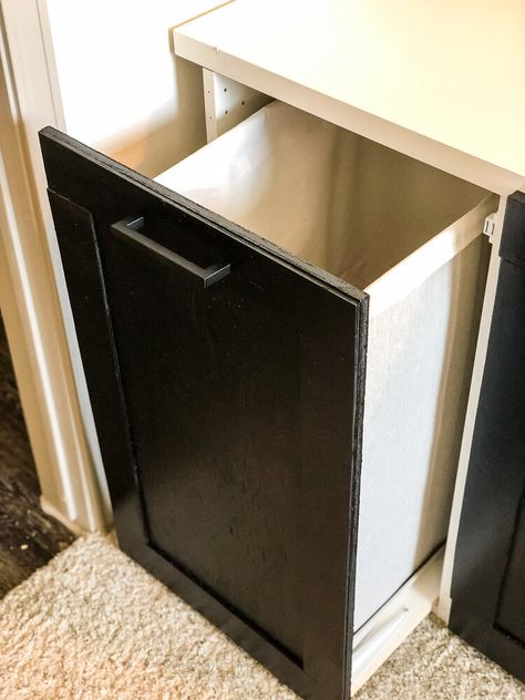 DIY Sliding Laundry Cabinet — Kayla Simone Home Pull Out Laundry Hamper Cabinet, Laundry Basket Cabinet Diy, Sliding Laundry Baskets, Diy Basin Cabinet, Diy Hamper Cabinet, Laundry Hamper Cabinet Diy, How To Build Tilt Out Laundry Hamper, Diy Built In Laundry Hamper, Bathroom Laundry Cabinet