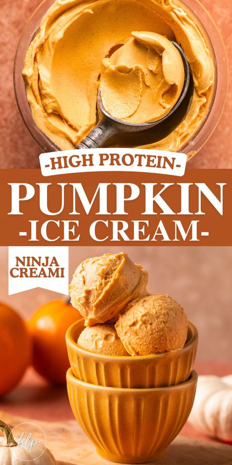 two orange bowls stacked with protein pumpkin ice cream Pumpkin Ice Cream Recipe, Ninja Food Processor, Ninja Ice Cream Recipe, Protein Ice Cream Recipe, Dessert Thanksgiving, Protein Ice Cream Recipes, Easy Potluck, Pumpkin Pie Ice Cream, Pie Ice Cream