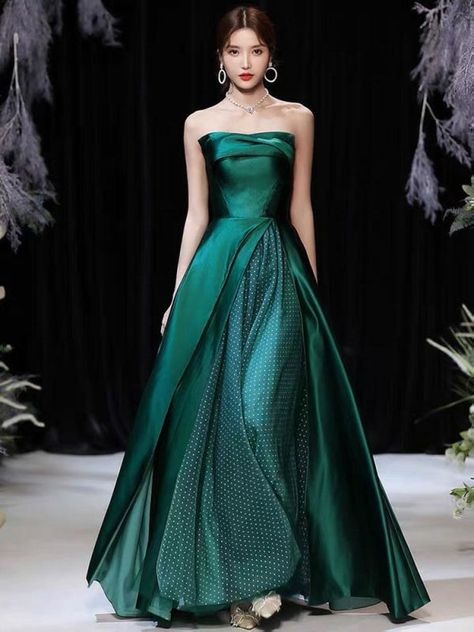 Evening Dress A-Line Strapless Satin Fabric Floor-Length Pleated Formal Party Dresses Forest Green Pageant Dress Green A-line Evening Dress For Gala, Elegant Green Strapless Dress For Banquet, Green Strapless Evening Dress For Banquet, Green Satin Ball Gown For Party, Green Maxi Dress For Banquet, Green Maxi Length Dress For Banquet, Strapless Green Ball Gown For Prom Season, Green Strapless Ball Gown For Prom, Strapless Green Ball Gown For Prom