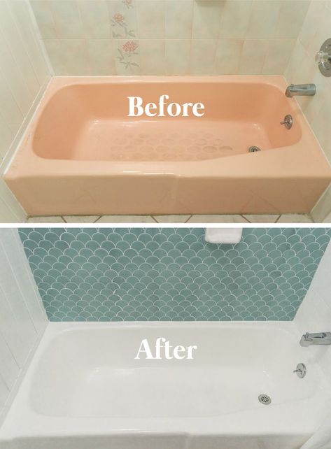 Learn how to paint a bathtub and shower tiles for under $50. It's a complete bathroom transformation! I took my pink tub to white in a weekend. Paint Bathtub, Bathtub Tile Surround, Bathtub Makeover, Pink Bathtub, Pink Tub, Painting Bathtub, Bathtub Surround, Diy Bathtub, Diy Bathroom Makeover