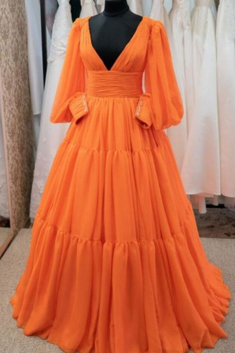 Orange Puffy Sleeves Deep V-neck Ball Gown Party Dress Simple, Chiffon Dress Long Sleeve, Rustic Dress, Rustic Dresses, Gown Pictures, Colors Dress, Orange Chiffon, Dream Prom, Simple Prom Dress