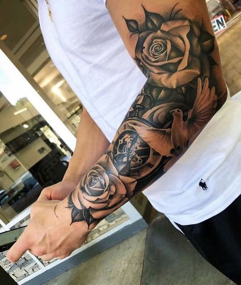 Rose and dove tattoo done by @tattoo_angelo | www.otziapp.com Mangas Tattoo, Half Sleeve Tattoos Forearm, Cool Half Sleeve Tattoos, Rose Tattoo Sleeve, Rose Tattoos For Men, Octopus Tattoos, Men Tattoos Arm Sleeve, Men Tattoos, Forearm Sleeve Tattoos