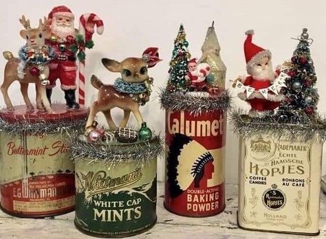 Vintage Tin Christmas Decor, Vintage Spice Tins Christmas, Vintage Christmas Tins, Sifter Decor, Tin Decorations, Christmas Assemblage, Vintage Christmas Crafts, Christmas Craft Ideas, Christmas Vignettes