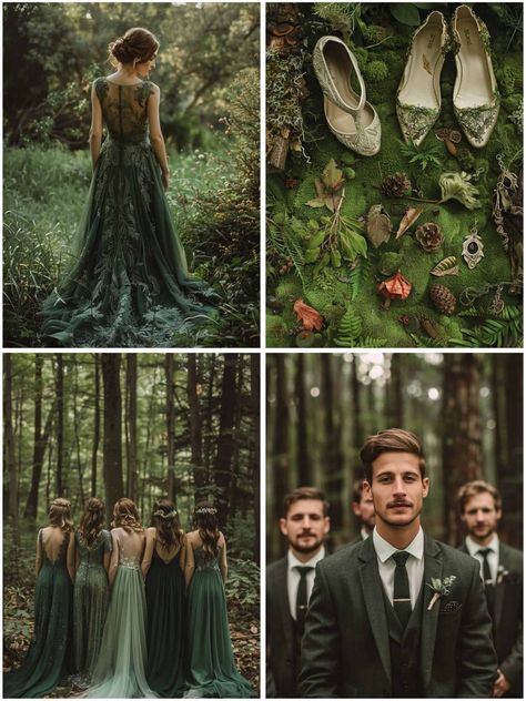 First Green Wedding, Wedding Dark Forest, Inside Forest Wedding, Forest River Wedding, Emerald Forest Wedding, Dream Mountain Wedding, Wedding Ideas Enchanted Forest, Forest Theme Bridesmaid Dresses, Enchanted Forest Wedding Theme Decor