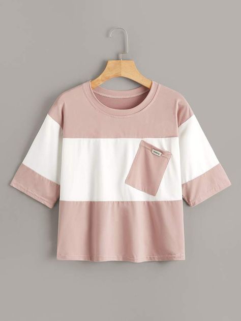 Shein Color Block Pocket Front Tee Casual Color Block T-shirt For College, Girls Tshirt Design, Spring Color Block Short Sleeve T-shirt, Color Block Tshirt, Cheap Color Block Short Sleeve T-shirt, Graphic Tee Color Block Cotton T-shirt, Pink Color Block Cotton T-shirt, Color Blocking Outfits, Color Block Tee