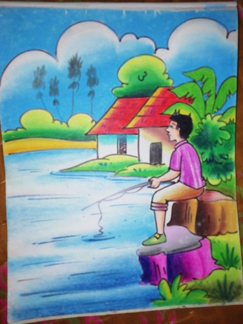 Village Scenery Drawing, Scenery Drawing For Kids, Easy Scenery Drawing, Village Drawing, Oil Pastel Drawings Easy, Buddhist Art Drawing, Oil Pastel Colours, Kids Art Galleries, Scenery Drawing