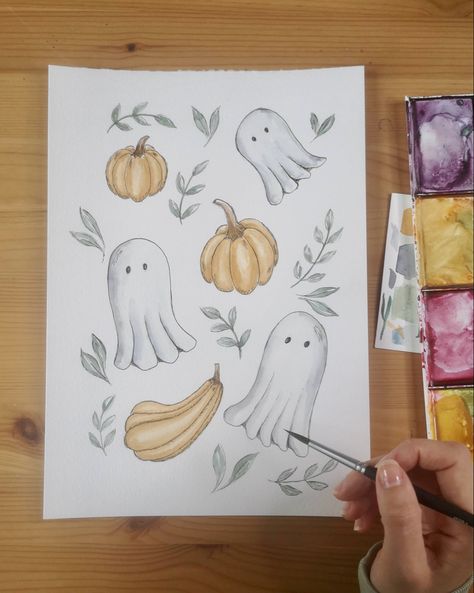 Lauren Faye Peachey on Instagram: "Painted pumpkins and ghosts in watercolour and ink #watercolour #watercolor #watercolourart #watercolourandink #halloween #octobermood #cutehalloween #spookycute #illustration #artisticsoul" Fall Halloween Watercolor, Fall Watercolor Paintings Tutorials, Watercolour Halloween Art, Watercolour Ghost, Halloween Watercolors, Preppy Journal, October Watercolor, Watercolour Halloween, Halloween Watercolor Illustration