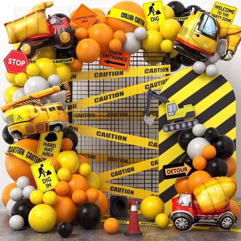 PRICES MAY VARY. 152Pcs Construction Birthday Party Supplies - You will get 132 latex balloons (5"+10"+12"+18"), 4 large foil balloons (1 construction truck, 1 excavator, 1 cement mixer truck, 1 crane), 1 caution tape, 12 caution signs, 100 dots, 1 ribbon (10m), 1 balloon chain (5m). With this comprehensive collection, you'll have everything you need to create a visually stunning construction party atmosphere. Captivate Young Imaginations - Ignite the imagination of budding construction engineer Construction Theme Party Decorations, Caution Sticker, Construction Birthday Party Food, Construction Theme Birthday, Construction Party Favors, Thomas Birthday Parties, Construction Party Decorations, Dump Truck Birthday Party, Construction Theme Birthday Party