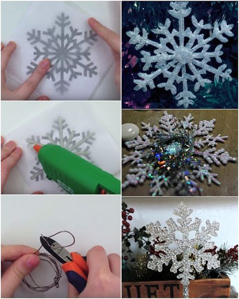 DIY Hot Glue Snowflake Ornament For Christmas Decoration. #DIY, #Crafts, #Christmas Leprechaun Handprint, Crafts With Hot Glue, Hot Glue Art, November Crafts, Handprint Christmas, Snow Flakes Diy, Handprint Craft, 26 November, Glitter Crafts