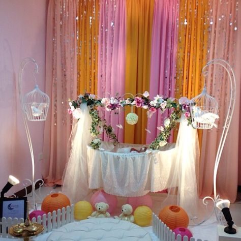 Baby shower cradle decor by My Dream Cradle, Singapore. Cradle Decoration At Home, Cradle Decoration Ideas At Home, Cradle Ceremony Decorations Krishna Theme, Cradle Cermony Decor, Naming Ceremony Decorations Indian Girl, Baby Name Decorations, Cradle Decoration, Naming Ceremony Decoration, Naming Ceremony Invitation