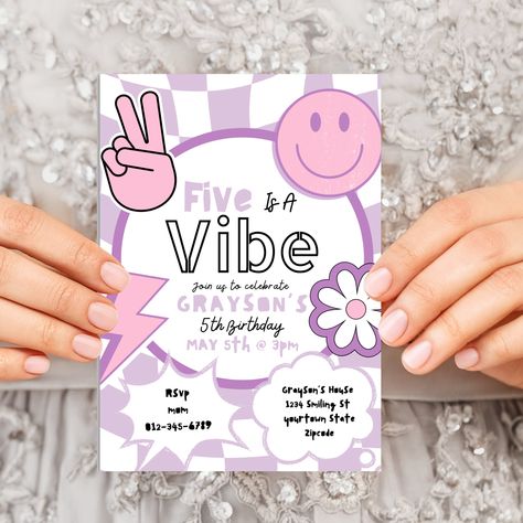 Editable Five a Vibe Happy Girl Invite Cool Girl 5th Birthday Party 90s Punk Smiley Happy Theme Party Invitation Skater Download Evite - Etsy 5 Themed Birthday Party, Five Birthday Party Ideas Girl, 5th Girl Birthday Party Themes, 5th Birthday Themes Girl, Girls 5th Birthday Themes, 5 Year Birthday Party Ideas Girl, Five Birthday Theme, Fifth Birthday Party Ideas Girl, Girl 5th Birthday Party Themes