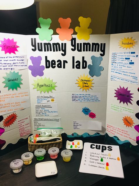 Yummy Gummy Bear Lab Yummy Gummy Bear Lab Science Projects, Gummy Bear Science Project Board, Science Fair Projects Gummy Bears, Growing Gummy Bears Science Fair Project, Gum Science Fair Projects, Slime Science Fair Project Board Ideas, Gummy Bear Science Fair Project Board, Gummy Bear Experiment For Kids, Science Projects For Science Fair