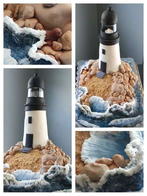 Polymer Clay Lighthouse, Clay Waves, Lighthouse Craft, Houseboat Decor, Lighthouse Cake, Easy Kids Art Projects, Paper Mache Art Sculpture, Surf Cake, Lighthouse Crafts