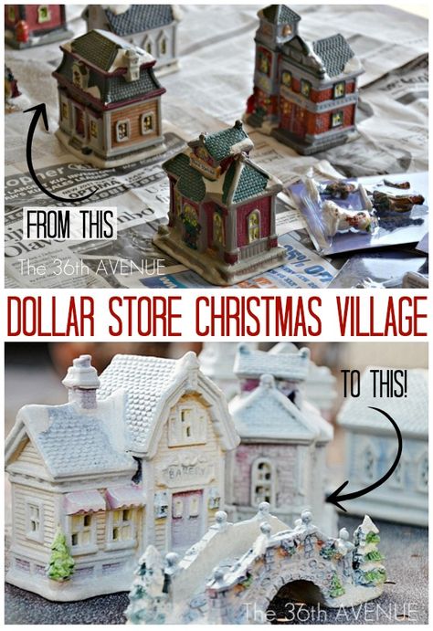 Christmas Craft - Dollar Store Christmas Village. Amazing what a little paint can do. Tutorial at the36thavenue.com Dollar Store Christmas Village, Diy Christmas Treats, Diy Christmas Village, Christmas Village Display, Dollar Store Christmas, Dollar Tree Christmas, Christmas Villages, Noel Christmas, Dollar Store Diy