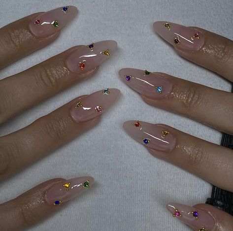 Multi Color Gem Nails, Rainbow Rhinestone Nails, Nude Rhinestone Nails, Nude Nails With Rhinestones, Strass Nails, Nails Today, Nails Design With Rhinestones, Almond Nails Designs, Japanese Nails