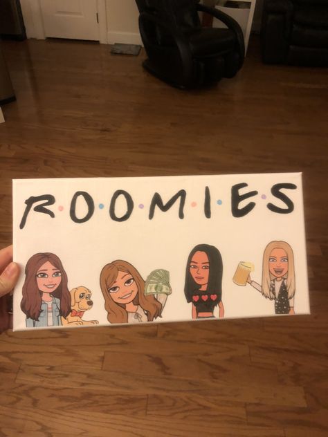 Roomate bitmoji craft canvas friends Cute Paintings For Dorm Room, Roommate Painting Ideas, Roommate Painting, Roomate Ideas College, Roomates Aesthetics, Roomate Ideas Apartments, College House Aesthetic, College Canvas Paintings, College House Ideas