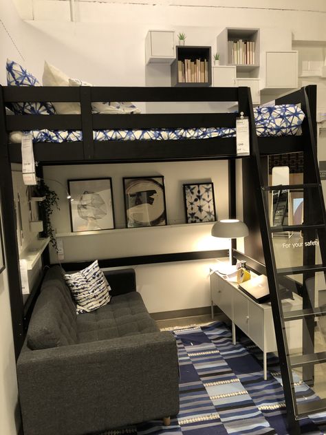 Ikea Room Inspiration Bedroom, Loft Bed For Teen Boys, Loft With Couch Underneath, Small Bedroom Ideas With Loft Bed, Loft Bed Side Table Ideas, Lift Bed With Desk, Loft Bedroom For Boys, Lads Bedroom Ideas, Bed Loft Ideas For Small Rooms