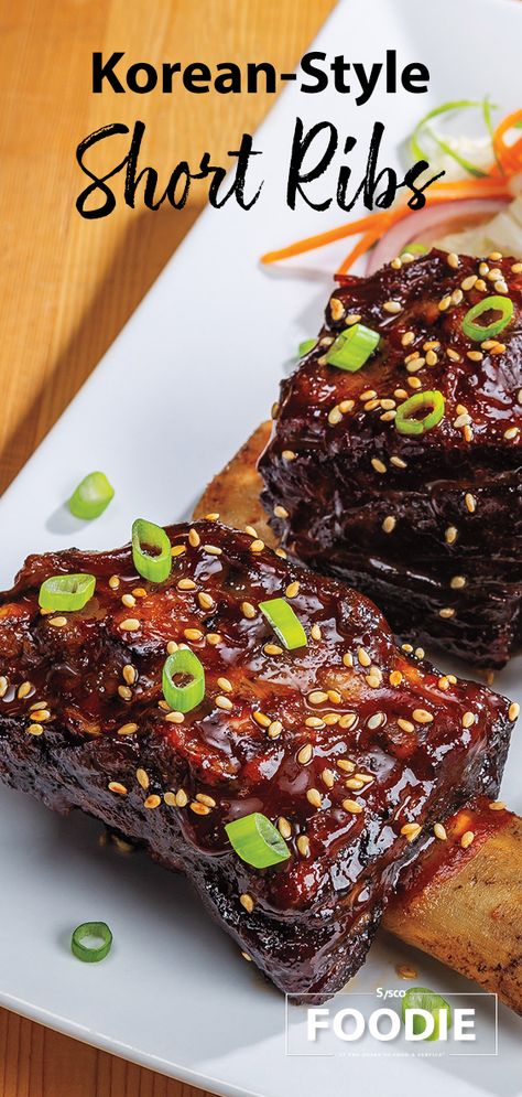 Korean-Style Short Ribs recipe by the Sysco Culinary Team. Asian Style Beef Short Ribs, Short Ribs Korean Style, Japanese Ribs Recipe, Short Ribs Asian Style, Ribs Tips Recipes, Asian Ribs Recipe Korean Style, Korean Bbq Beef Short Ribs, Cooking Short Ribs In Oven, Korean Style Ribs Recipes