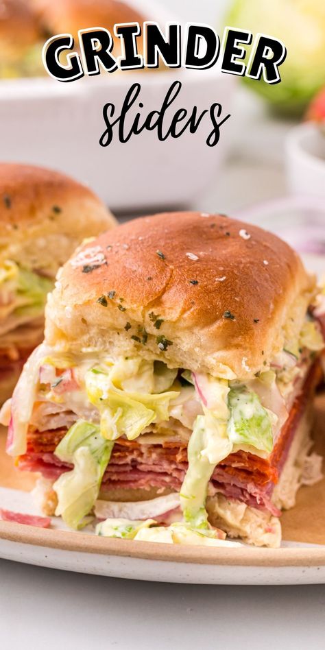 These Grinder Sliders area fresh hot sandwich topped with a delicious slaw mixture and fresh tomatoes that will be the a hit for any crowd. via @familyfresh Grinder Sliders, Diy Sandwich, Sliders Recipes Hawaiian Rolls, Easy Slider Recipes, Rolled Sandwiches, Slider Sandwiches, Homemade Sandwich, Cold Sandwiches, Potluck Party