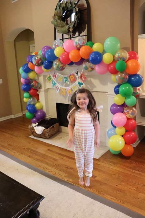 Momfessionals: Birthday Mantle/Balloon Arch Birthday Month Your House, Celebrate Birthday All Month, Candy Land Birthday Party, Small Balloons, Clear Balloons, Kids Flooring, Up Balloons, Candyland Birthday, Elmo Birthday