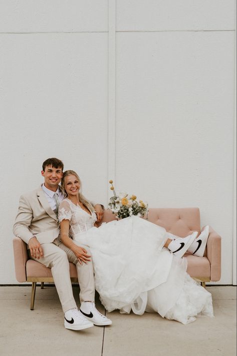 Wedding Nikes Groom, Wedding Dress And Tux Ideas, Nike Sweats Wedding Exit, Men Nike Blazer Outfit, Nike Wedding, Bride And Groom Sneakers, Wedding Nikes, Nike Wedding Shoes, Mother Daughter Wedding Photos