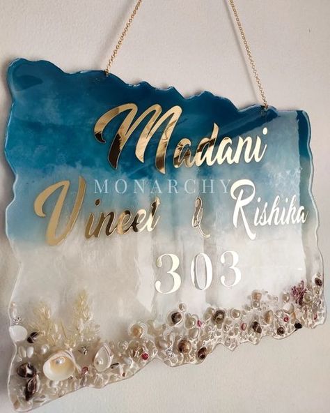 Wedding Name Plate Design, Resin Art Name Plate Design, Names For Resin Art Business, Resin Theme Ideas, Resin Art Home Decor, Resin Art Logo Design, Raisin Art Name Plate, Epoxy Name Plate, Resin Plates Diy