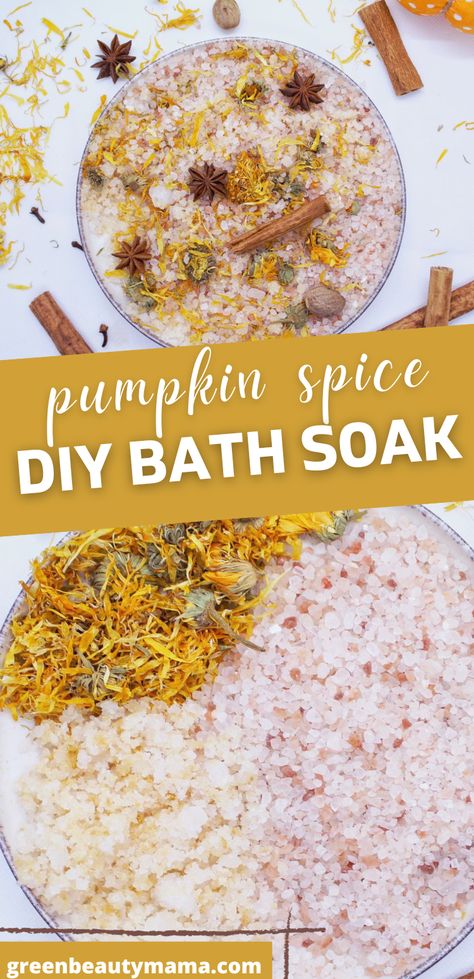 Pumpkin Spice Bath Salt Recipe - Easy DIY Bath Soak Diy Bath Salts Easy, Herbal Bath Recipes, Bath Salts Diy Recipes, Bath Salt Recipe, Homemade Bath Salts Recipe, Diy Bath Soak, Milk Bath Recipe, Bath Soak Recipe, Diy Pumpkin Spice