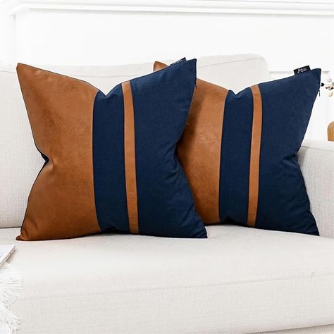 Amazon.com: Vfuty Set of 2 Navy and Brown Decorative Throw Pillow Covers 18x18 Inch Faux Leather and Cotton Patchwork Pillow Cover,Modern Farmhouse Accent Pillow Case for Living Room Couch Bed Boho Decor : Home & Kitchen Brown Leather Couch Navy Accent, Throw Pillows For Navy Blue Sofa, Leather Accent Pillows Living Room, Dark Blue And Leather Living Room, Navy Bedroom Men, Navy Blue Accent Decor, Navy Gray Rust Living Room, Blue And Tan Living Room Color Scheme, Gray Couch Colorful Pillows