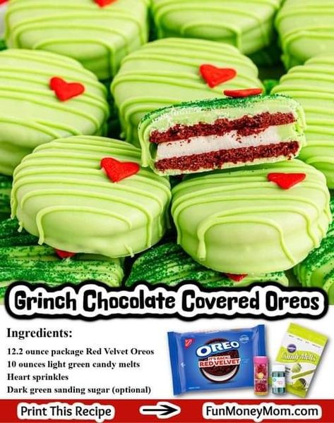 Grinch Dessert Ideas, Chocolate Covered Oreos Christmas, Grinch Chocolate, Christmas Chocolate Covered Oreos, Movie Night Christmas, Grinch Christmas Treats, Grinch Snack, Red Velvet Oreo Cookies, Best Cookie Recipe Ever