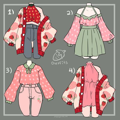 Strawberry Outfits Flower Themed Outfits, Cute Outfit Ideas Drawing, Drawing Outfits, Types Of Clothes, Animated Clothes, Fashion Sketching, Oc Outfits, Art Outfit, Art Outfits