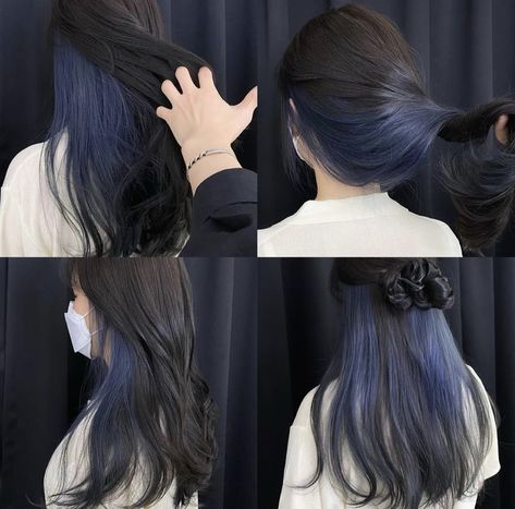 Butterfly Haircut With Peekaboo, Periwinkle Peekaboo Hair, Blue Hair Highlights, Hidden Hair Color, Korean Hair Color, Girl Hair Colors, Hair Color Underneath, Peekaboo Hair, Hair Inspiration Long