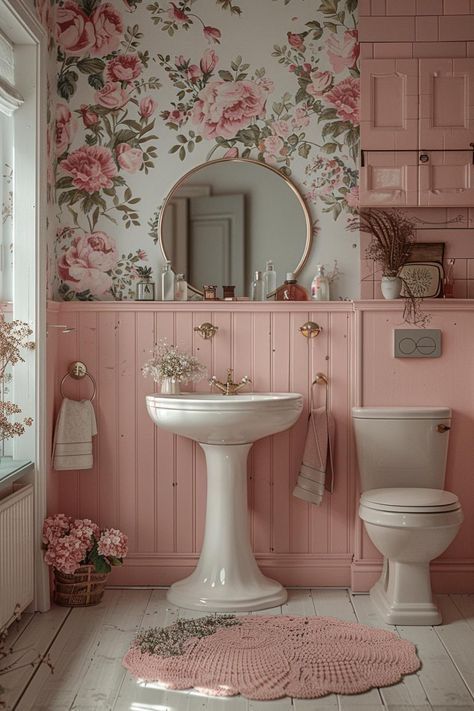 Bathroom Floral Wallpaper Ideas, Pink Mid Century Modern Bathroom, Vintage Home Bathroom, Tiny House Wallpaper, Shabby Chic Bathrooms Ideas, Tiny Pink Bathroom, Pink Cottage Decor, Cottage Modern Bathroom, Bathroom Ideas Pink And White